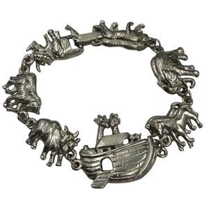 VTG 80s 90s Noahs Ark Animal Panel Link Silver Tone Christian Bible Bracelet 8"